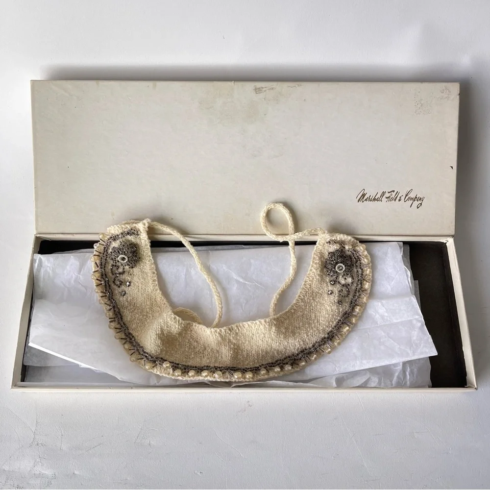 Vintage Cream Beaded Crochet Tie Necklace Collar
